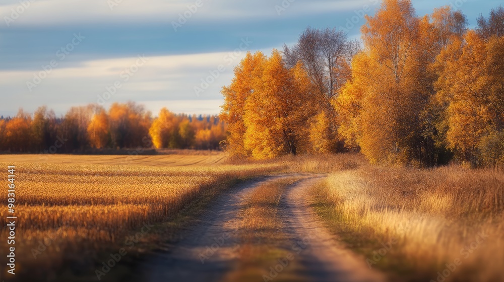 Autumn's golden hues bathe central Russia, where sunlit trees paint a vibrant landscape. Barley fields stretch alongside the road, their autumnal colors framed by a blurred background. Autumn's golden hues bathe central Russia, where sunlit trees paint a vibrant landscape. Barley fields stretch alongside the road, their autumnal colors framed by a blurred background.
