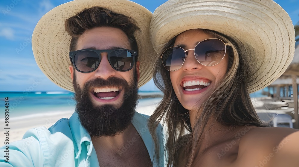 Happy Couple Taking Selfie on Tropical Beach Vacation Happy Couple Taking Selfie on Tropical Beach Vacation