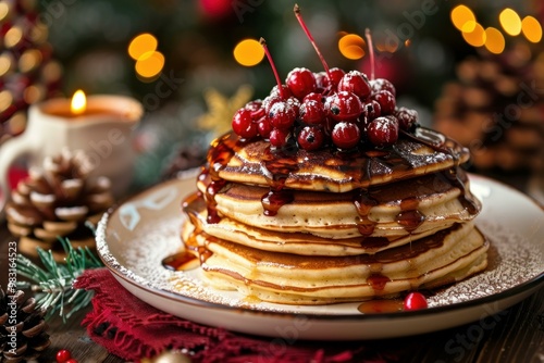 Stack of fluffy pancakes topped with red currants and dusted with powdered sugar for a festive christmas breakfast