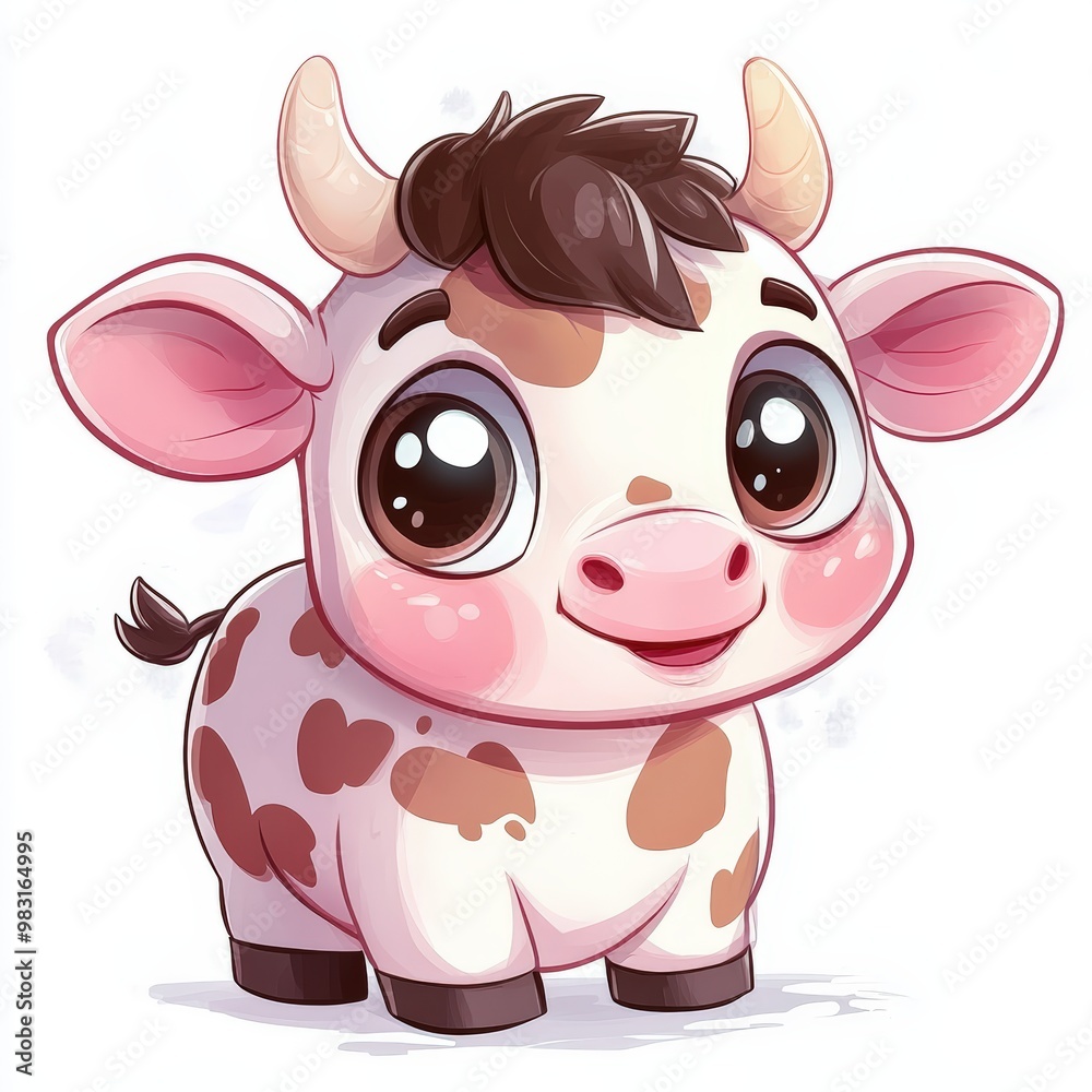 A super cute, Kawaii-style cow with large, sparkling eyes, tiny limbs, and a round, chibi-like body. A super cute, Kawaii-style cow with large, sparkling eyes, tiny limbs, and a round, chibi-like body.