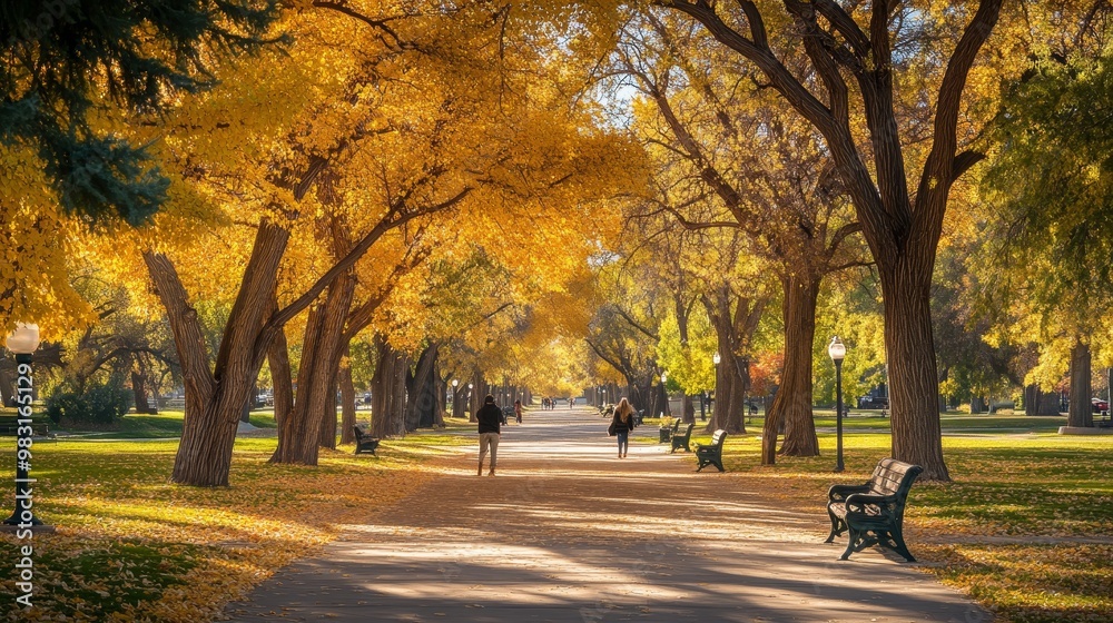 Naklejka premium Autumn's vibrant hues paint the landscape, as golden trees shimmer in the sunlight's embrace. The park transforms into a kaleidoscope of colors, with falling leaves creating a picturesque backdrop.
