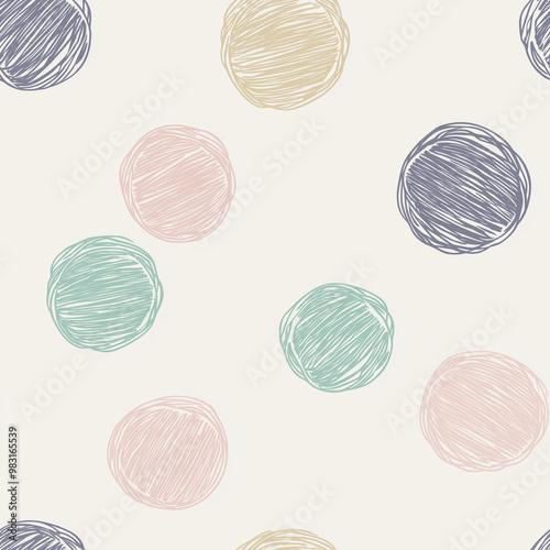 Circle line art doodle pattern, with simple shapes, resembling yarn balls. Seamless pattern