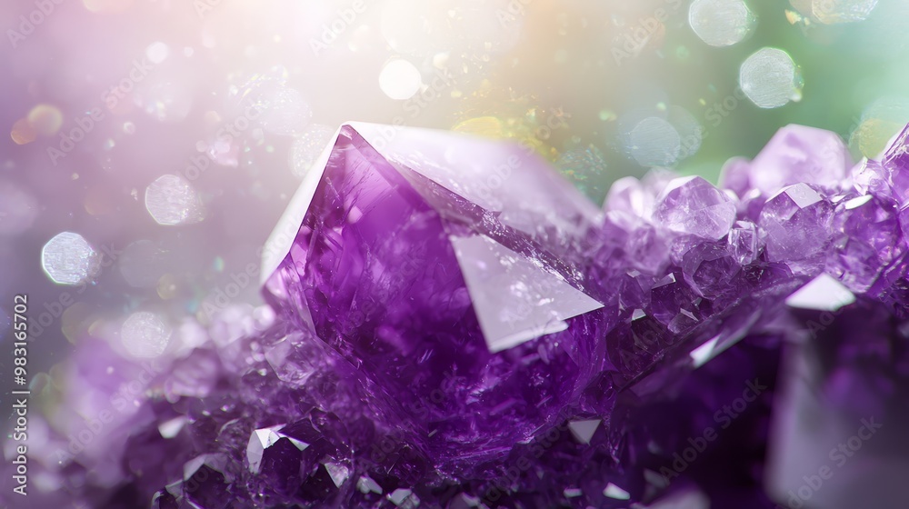 A tight shot of a purple diamond against a backdrop of green and purple, with a softly blurred bokeh of light in the distance A tight shot of a purple diamond against a backdrop of green and purple, with a softly blurred bokeh of light in the distance