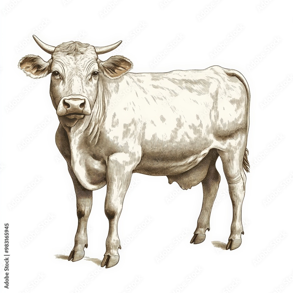 Fototapeta premium Illustration of a classic, fairy-tale cow in the style of vintage French fairy tale