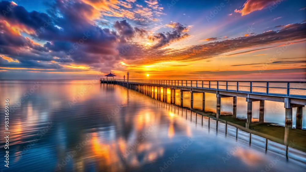 Amazingly beautiful sunset on the sea with a wooden pier, stunning sunset, sea pier, calm sea