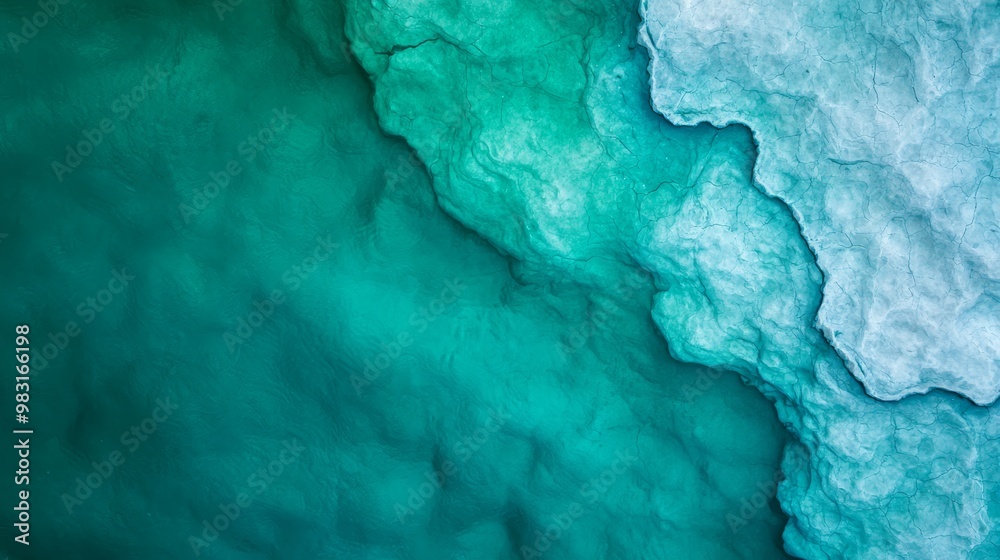 Fototapeta premium A bird's-eye perspective of a frozen body of water with an incoming wave