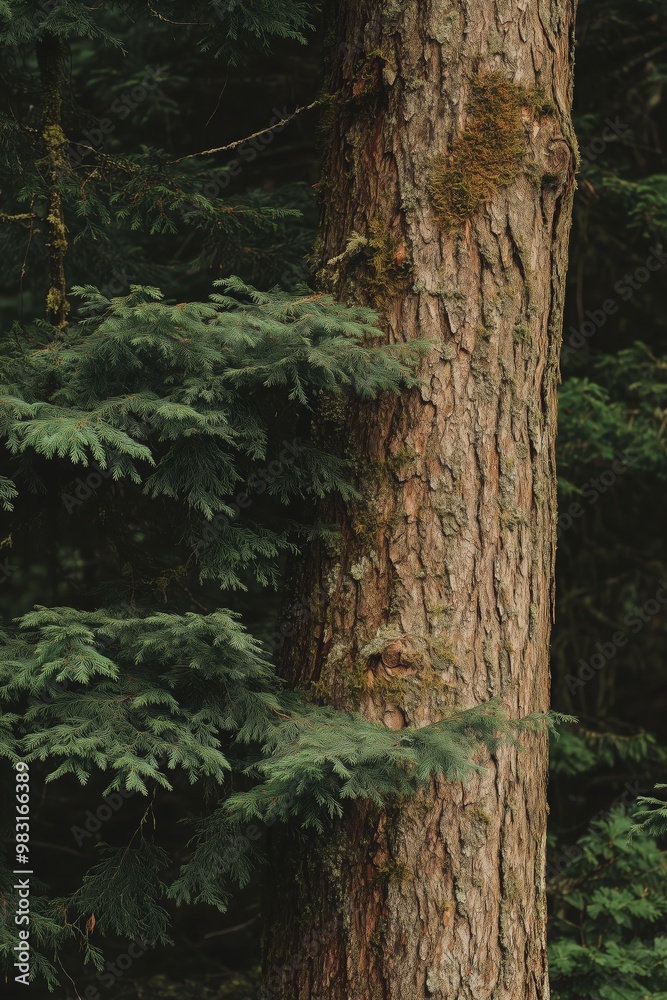 A detailed view of a tree trunk with green evergreen branches in a forest setting. A detailed view of a tree trunk with green evergreen branches in a forest setting.