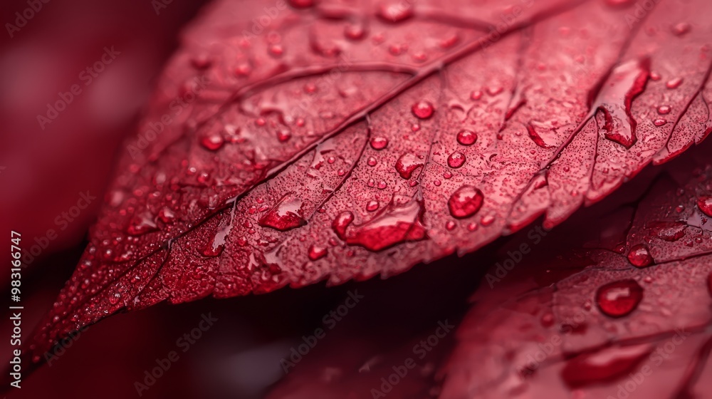 Fototapeta premium A tight shot of a red leaf, adorned with water droplets at its ends Opposite sides bear undisturbed leaves