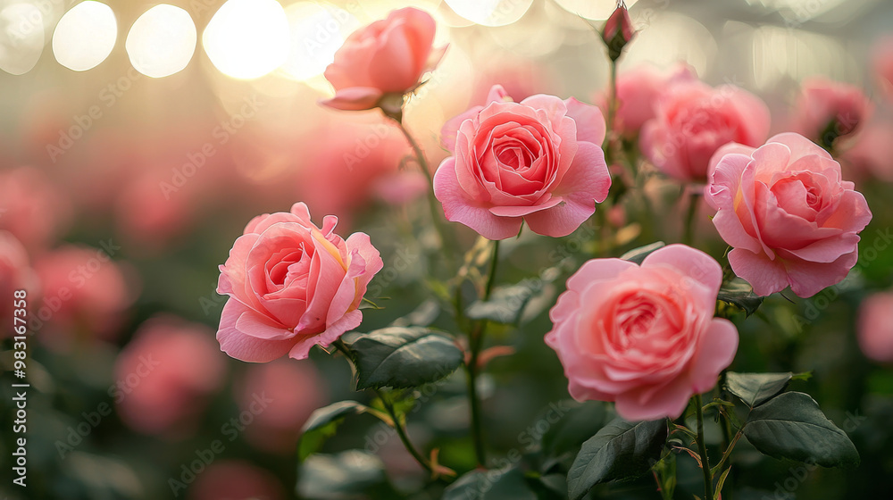 Delicate pink roses bloom in the soft sunlight. Delicate pink roses bloom in the soft sunlight.