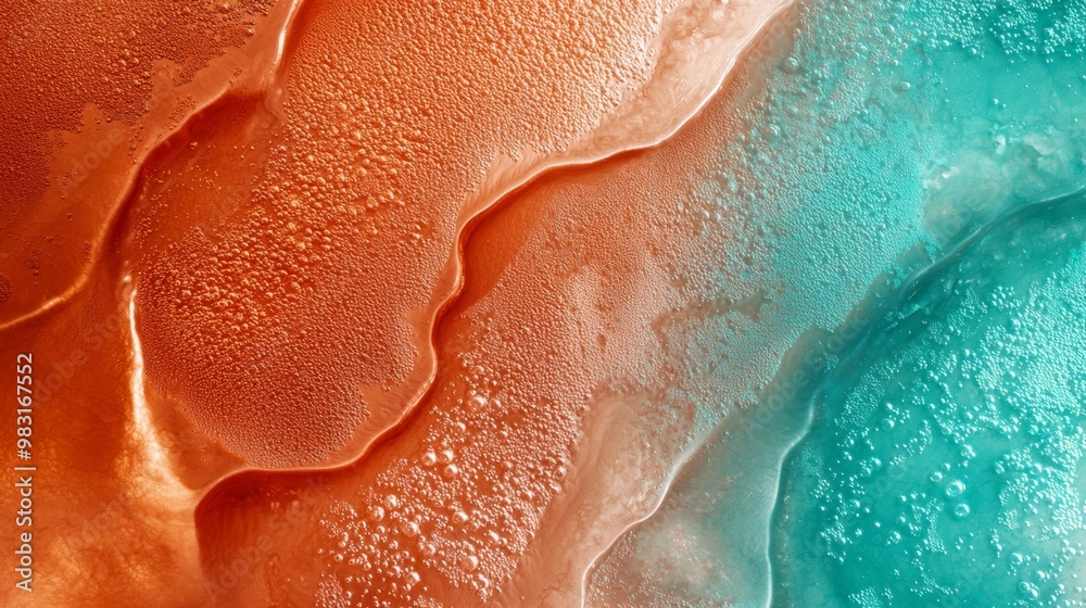 Obraz premium A tight shot of a multicolored substance - blue, orange, and green - with water droplets at the image's base