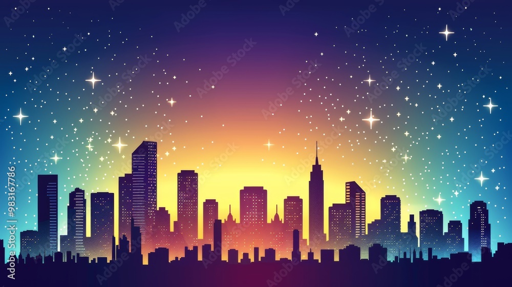Dramatic city skyline silhouette at sunset with open sky space for text on the left side Dramatic city skyline silhouette at sunset with open sky space for text on the left side
