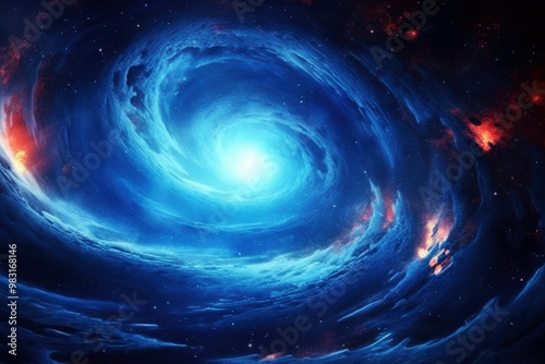 generated illustration of blue spiral galaxy swirling in the periphery of deep space photo