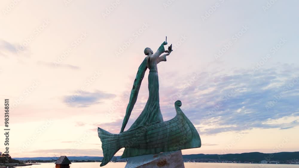 St. Nicolas Statue. Old town Nessebar, Bulgaria. Top cinematic aerial view. The city of Nessebar is one of the oldest cities in Europe.