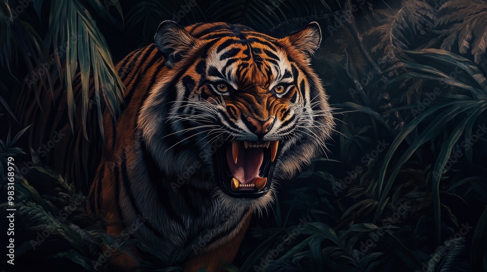 Fierce Tiger Roaring in Lush Jungle Environment Fierce Tiger Roaring in Lush Jungle Environment
