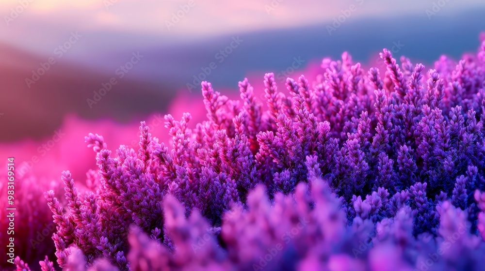 Fototapeta premium A field filled with purple flowers Behind them, a blue sky Additionally, a pink hue tints the upper portion of the background, suggesting a sunset or sunrise scene