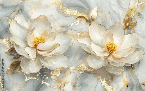 Elegant magnolia flowers on a textured grey and gold abstract background in a serene artistic arrangement