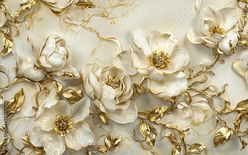 Elegant white and gold floral decor featuring detailed blossoms and intricate leaves in a sophisticated pattern