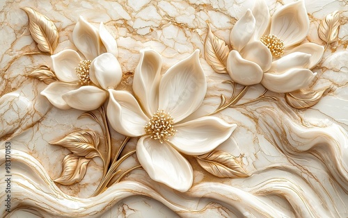 Elegant magnolia flowers intricately carved in creamy marble with golden accents, showcasing delicate artistry and design