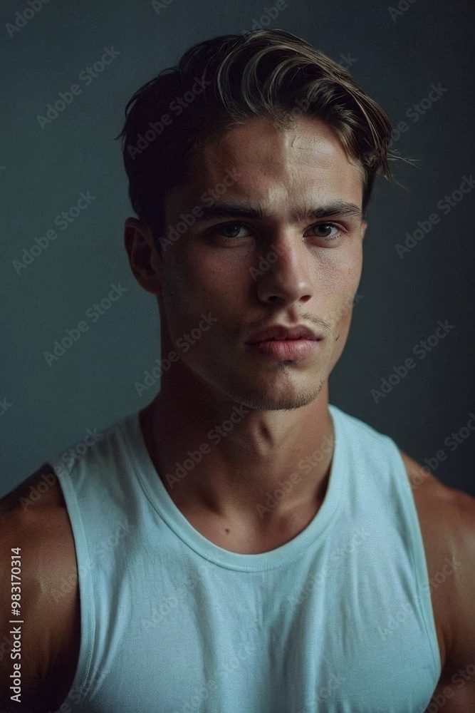 Obraz premium Handsome man in a sleeveless shirt posing outdoors.