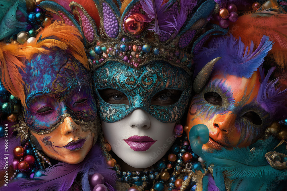 Vibrant masks adorned with feathers and beads express the essence of celebration and mystery during a colorful carnival event Vibrant masks adorned with feathers and beads express the essence of celebration and mystery during a colorful carnival event