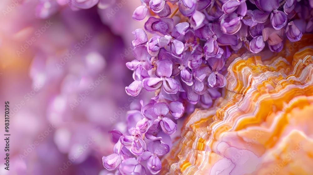 A tight shot of several purple blooms against a backdrop of white and orange The flowers are softly focused, their images slightly blurred A tight shot of several purple blooms against a backdrop of white and orange The flowers are softly focused, their images slightly blurred
