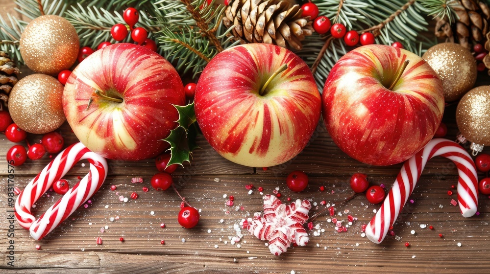 apples, holly, and berries on an old wooden table apples, holly, and berries on an old wooden table