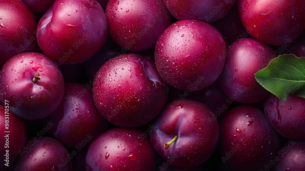 A tight shot of multiple plums with water beads and a lone green leaf atop them A tight shot of multiple plums with water beads and a lone green leaf atop them