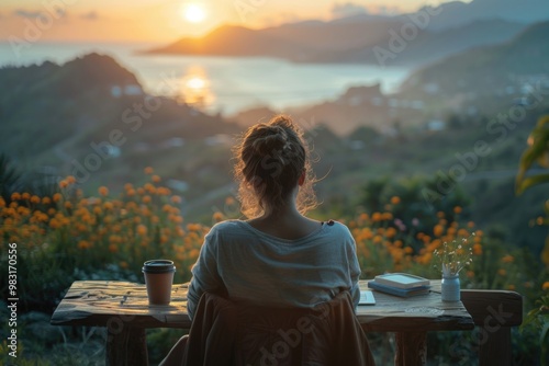 Wallpaper Mural Woman Relaxing Outdoors at Sunrise with Coffee and Notebook Overlooking Scenic Mountains and Ocean Torontodigital.ca