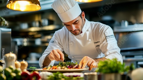 Skilled Chef Preparing Gourmet Dish in Modern Kitchen