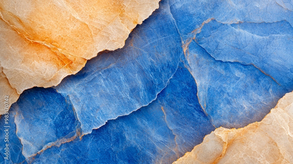 A tight shot of a multi-hued wall, comprised of blue, yellow, and brown tones, with an aircraft soaring in the sky above A tight shot of a multi-hued wall, comprised of blue, yellow, and brown tones, with an aircraft soaring in the sky above