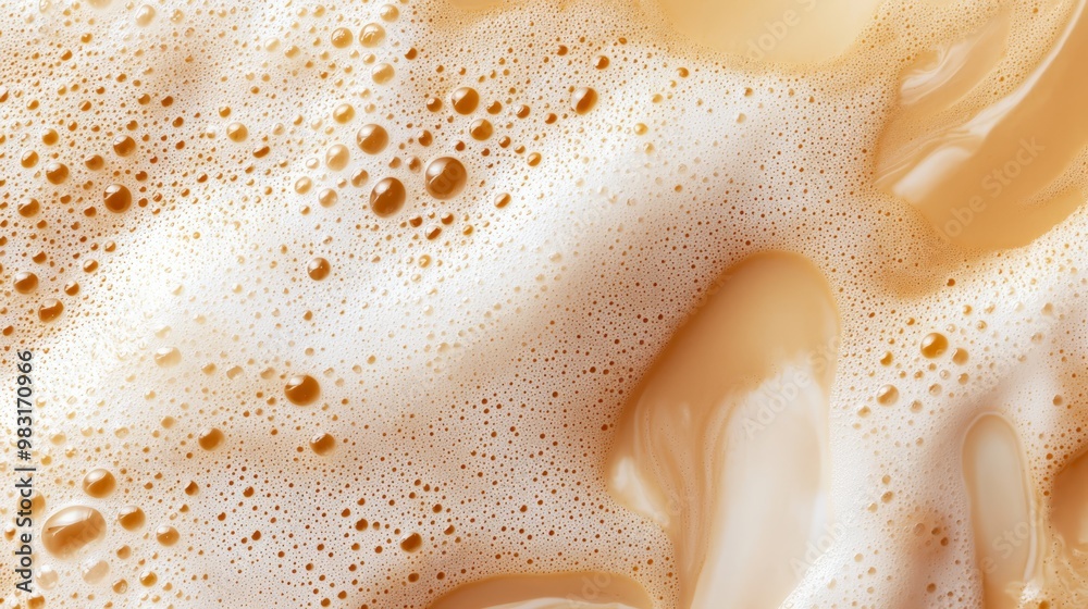 A tight shot of a liquid with brown and white bubbles suspended in it, against a light yellow backdrop A tight shot of a liquid with brown and white bubbles suspended in it, against a light yellow backdrop