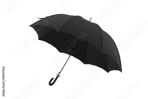 Black umbrella isolated on white background. Black umbrella with white background. Rain protection. Studio accessory photography for design and print. Mock up. Rainy season design. Banner. AIG57.