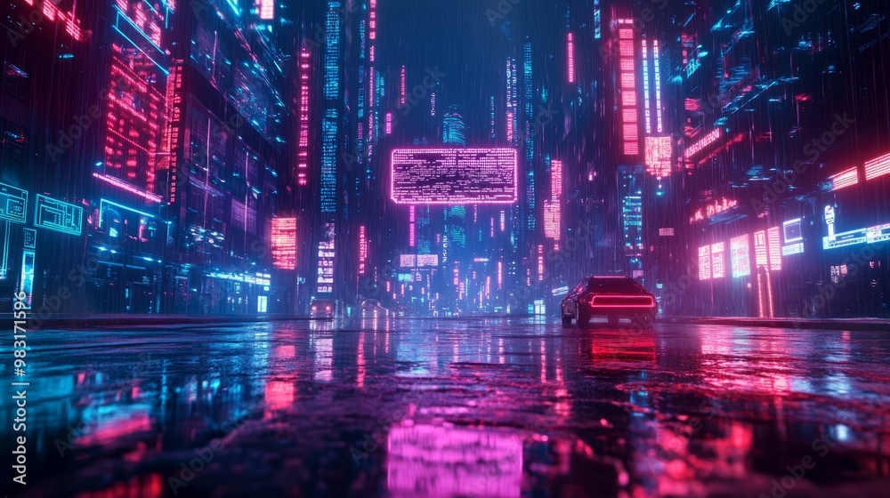 Obraz premium Neon Cityscape at Night with Reflective Streets