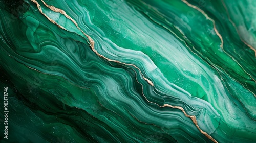  A tight shot of a green-gold marble's surface, featuring a gold vein running across its summit photo