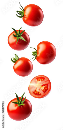 Falling tomato isolated on white background, clipping path, full depth of field