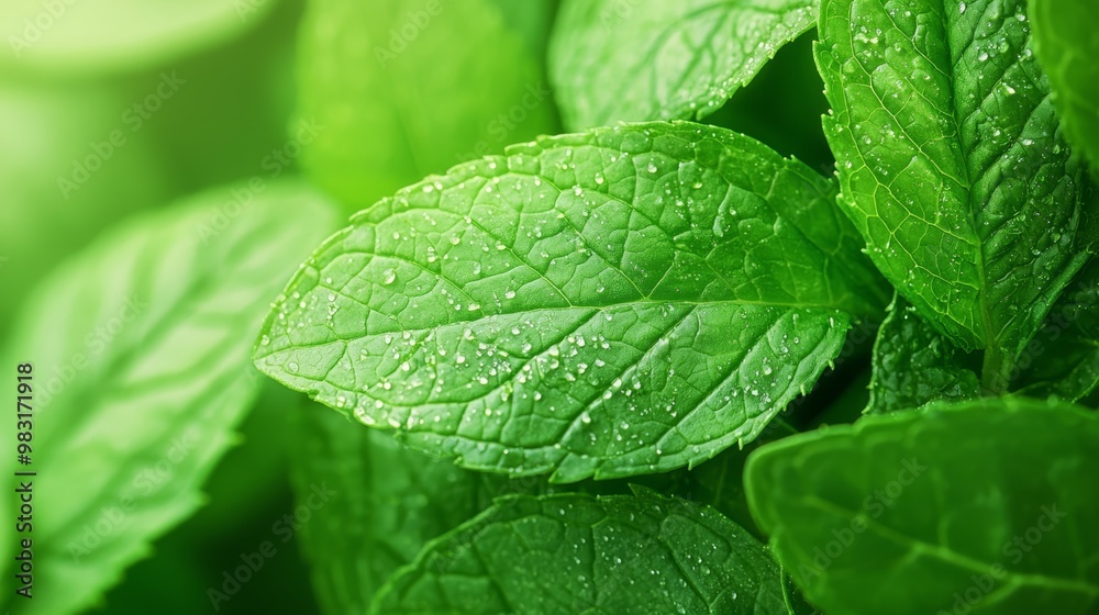 A tight shot of verdant leaves dotted with water droplets against a softly blurred backdrop of greenery A tight shot of verdant leaves dotted with water droplets against a softly blurred backdrop of greenery