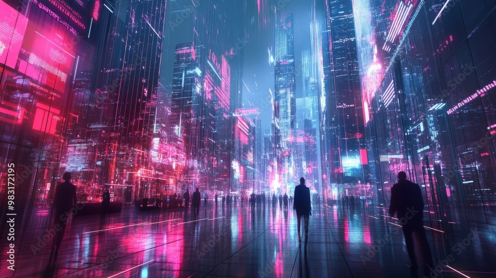 Fototapeta premium Futuristic Cityscape with Neon Lights and Silhouetted Figures