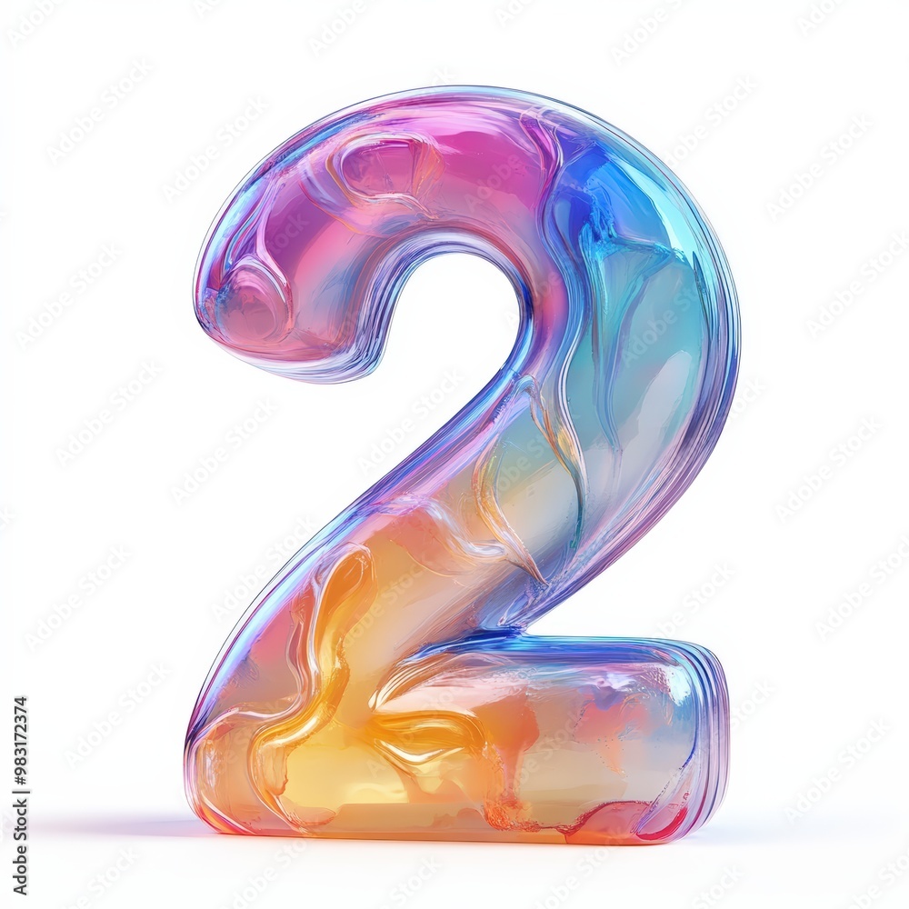 3D number 2 with fluid glass effect, vibrant gradient colors texture realistic modern design, soft lighting, white background. 3D number 2 with fluid glass effect, vibrant gradient colors texture realistic modern design, soft lighting, white background.