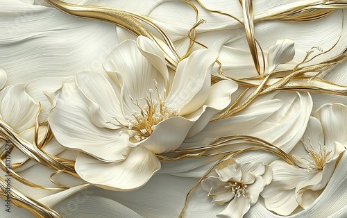 Delicate white flowers intertwined with elegant golden leaves on a soft textured backdrop, showcasing natural beauty in a serene design