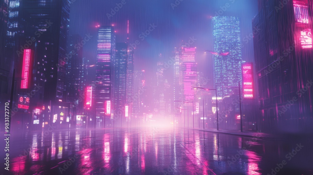 Neon Cityscape at Night with Fog and Reflections Neon Cityscape at Night with Fog and Reflections