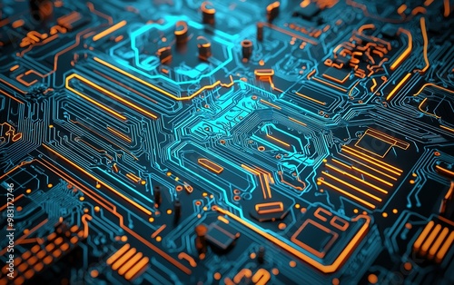 Intricate close-up of a vibrant circuit board showcasing detailed electronic pathways and components in bright blue and orange hues