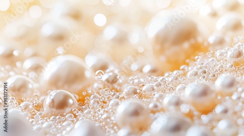  A tight shot of several pearls against a white background, softly lit with a blurred source behind