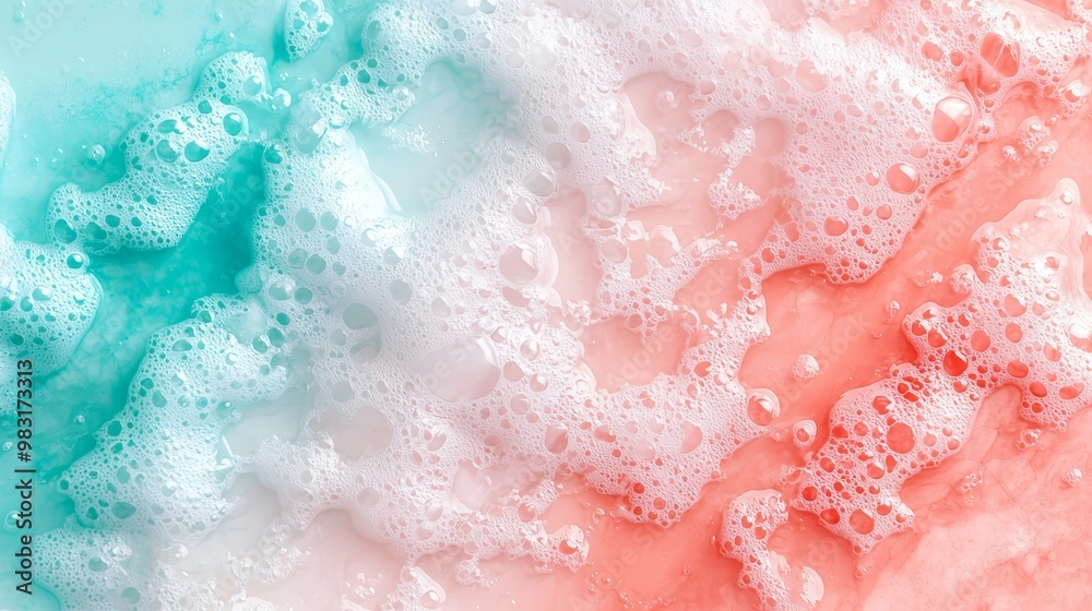 Fototapeta premium A tight shot of water bubbles on a white and blue backdrop, featuring a pink and blue vertical stripe in the lower right corner