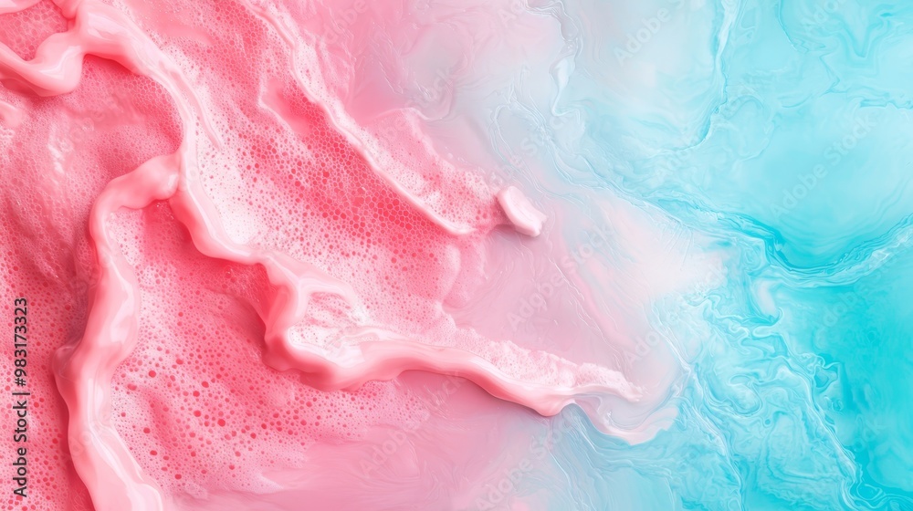 A tight shot of pink and blue painted fluids textured with white and blue on a blue-pink backdrop A tight shot of pink and blue painted fluids textured with white and blue on a blue-pink backdrop
