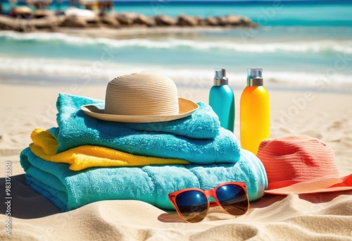 vibrant beach essentials displayed colorful towels featuring towels bright summer setting, sunscreen, sunglasses, hats, beachball, cooler, beachbag, sand photo