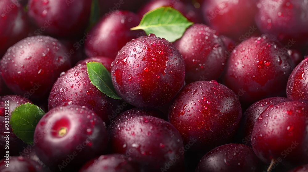 A tight shot of a cherries heap, adorned with droplets of water on each cherry's peak, and a verdant cherry leaf atop A tight shot of a cherries heap, adorned with droplets of water on each cherry's peak, and a verdant cherry leaf atop