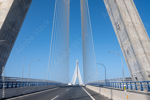 View on cable-stayed bridge with high pylons across the Bay of Cadiz, linking Cadiz with Puerto Real in mainland Spain photo