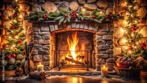 Cozy stone fireplace with festive decor for the winter holiday season. Generative AI