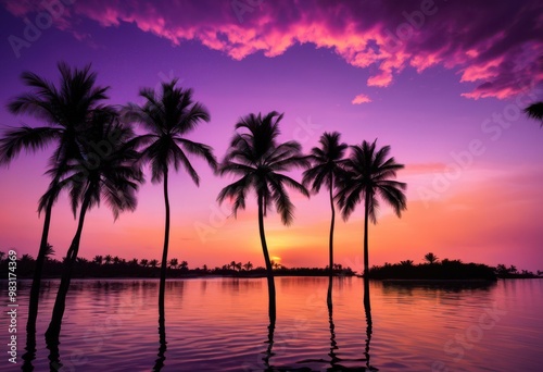 vibrant palm oasis showcasing stunning sunset views over lush greenery serene water reflection, landscape, sky, color, nature, plant, tree, silhouette, clouds