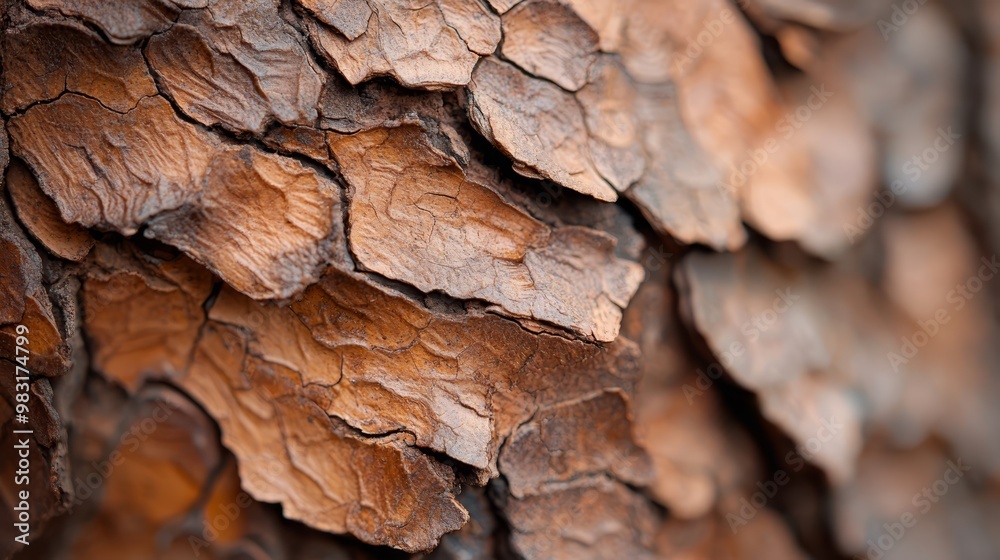 A tight shot of a tree trunk's intricately patterned bark, exhibiting shades of brown A tight shot of a tree trunk's intricately patterned bark, exhibiting shades of brown